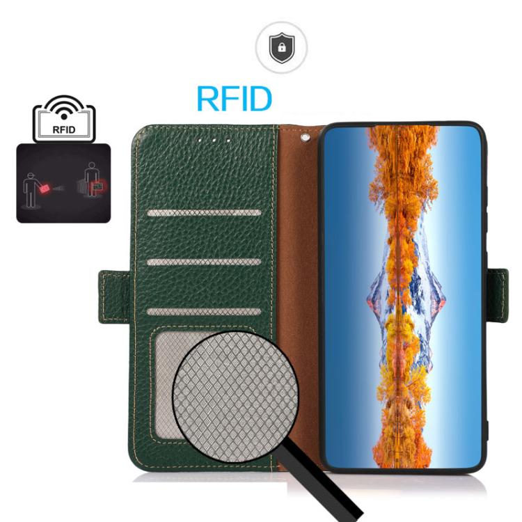 For iPhone 17 Air KHAZNEH Side-Magnetic Litchi Genuine Leather RFID Case(Green) - free shipping - PMc TechLife - Order now!