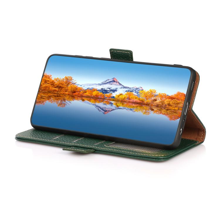 For iPhone 17 Air KHAZNEH Side-Magnetic Litchi Genuine Leather RFID Case(Green) - free shipping - PMc TechLife - Order now!