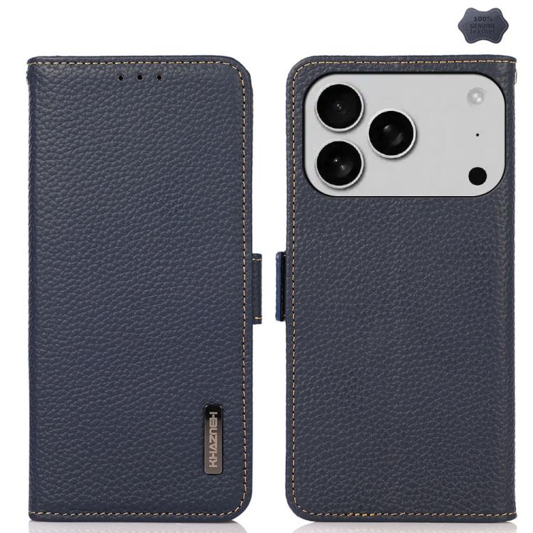 For iPhone 17 Pro KHAZNEH Side-Magnetic Litchi Genuine Leather RFID Case(Blue) - free shipping - PMc TechLife - Order now!