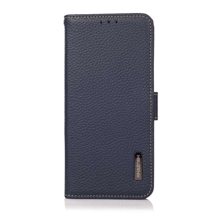 For iPhone 17 Pro KHAZNEH Side-Magnetic Litchi Genuine Leather RFID Case(Blue) - free shipping - PMc TechLife - Order now!