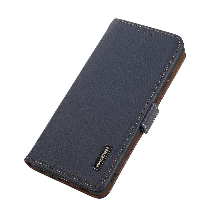 For iPhone 17 Pro KHAZNEH Side-Magnetic Litchi Genuine Leather RFID Case(Blue) - free shipping - PMc TechLife - Order now!
