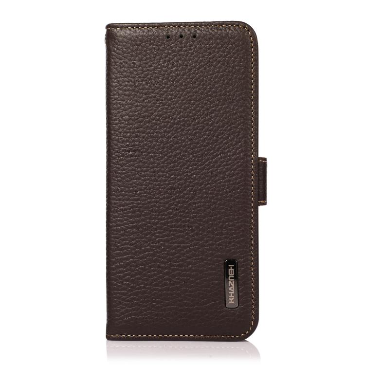 For iPhone 17 Pro KHAZNEH Side-Magnetic Litchi Genuine Leather RFID Case(Brown) - free shipping - PMc TechLife - Order now!