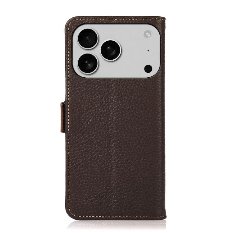 For iPhone 17 Pro KHAZNEH Side-Magnetic Litchi Genuine Leather RFID Case(Brown) - free shipping - PMc TechLife - Order now!