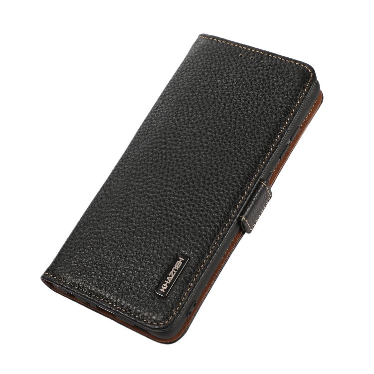 For iPhone 17 Pro Max KHAZNEH Side-Magnetic Litchi Genuine Leather RFID Case(Black) - free shipping - PMc TechLife - Order now!