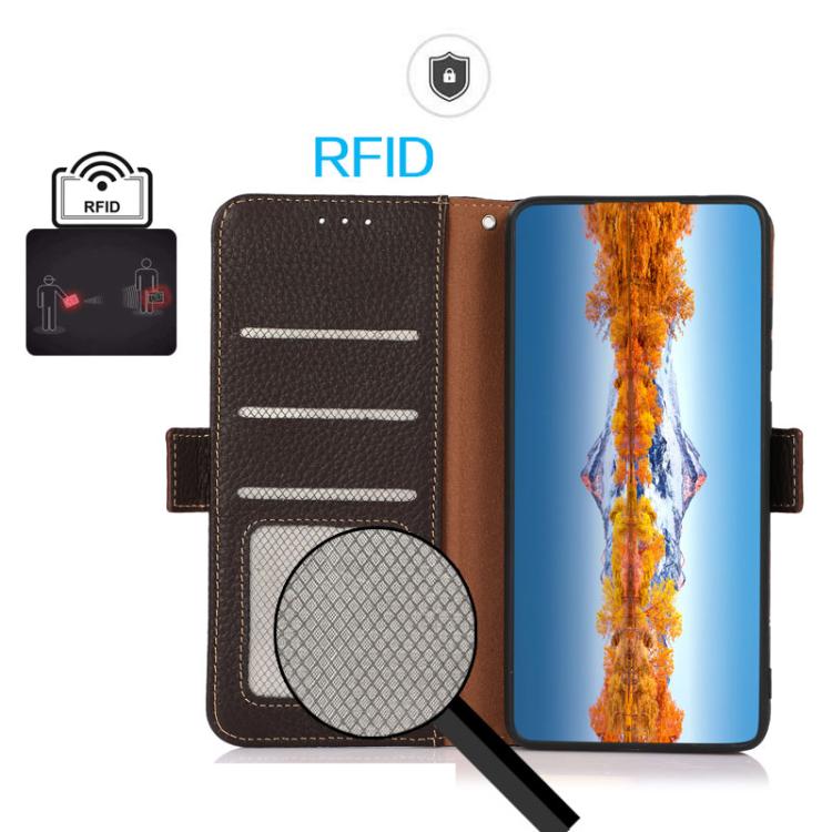 For iPhone 17 Pro Max KHAZNEH Side-Magnetic Litchi Genuine Leather RFID Case(Brown) - free shipping - PMc TechLife - Order now!