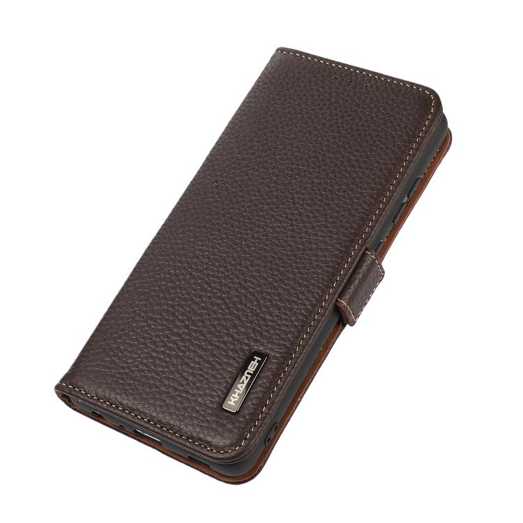 For iPhone 17 Pro Max KHAZNEH Side-Magnetic Litchi Genuine Leather RFID Case(Brown) - free shipping - PMc TechLife - Order now!
