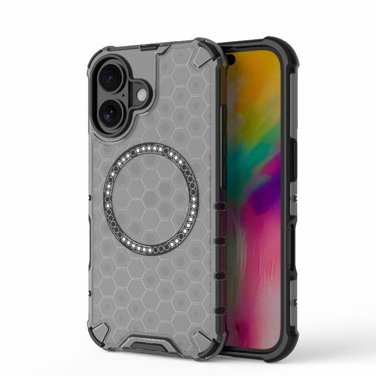 For iPhone 16 Honeycomb Magnetic Ring Shockproof Phone Case(Black) - iPhone 16 Cases by PMC TechLife | Online Shopping South Africa | PMC TechLife | Buy Now Pay Later Mobicred
