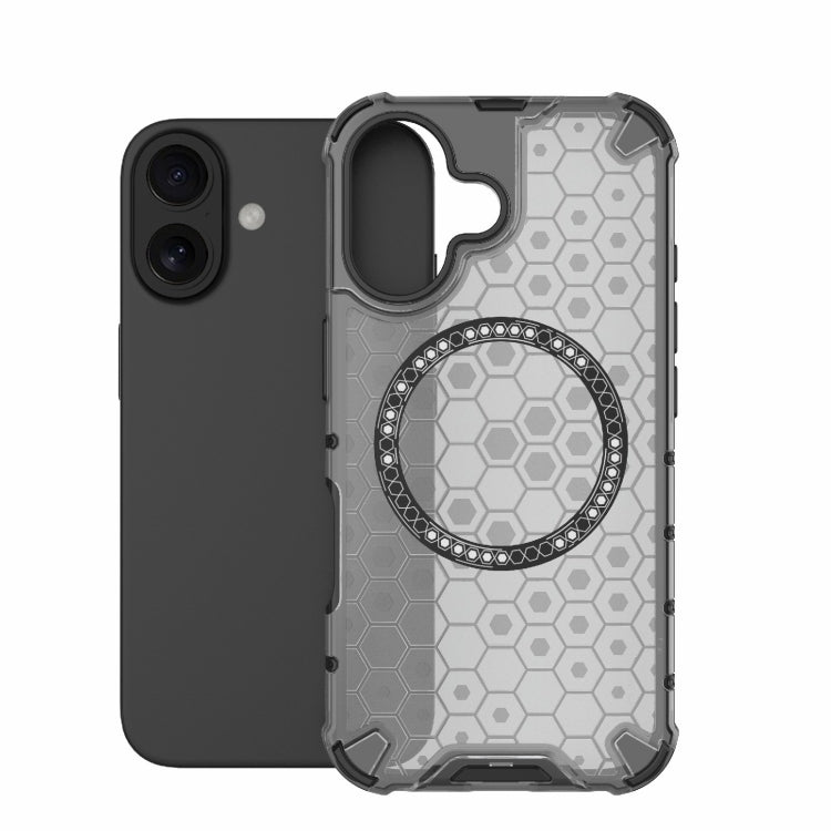 For iPhone 16 Honeycomb Magnetic Ring Shockproof Phone Case(Black) - iPhone 16 Cases by PMC TechLife | Online Shopping South Africa | PMC TechLife | Buy Now Pay Later Mobicred
