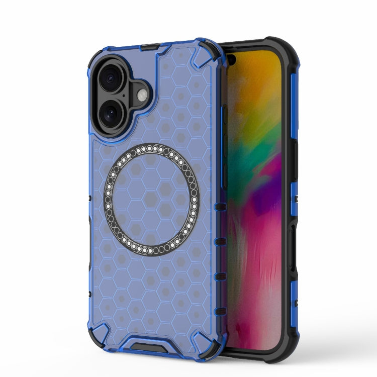 For iPhone 16 Honeycomb Magnetic Ring Shockproof Phone Case(Blue) - iPhone 16 Cases by PMC Jewellery | Online Shopping South Africa | PMC Jewellery | Buy Now Pay Later Mobicred