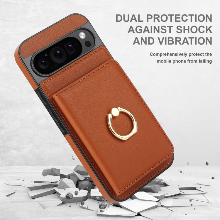 For Google Pixel 9 Pro XL RFID Anti-theft Card Ring Holder Phone Case(Brown) - Google Cases by PMC TechLife | Online Shopping South Africa | PMC TechLife | Buy Now Pay Later Mobicred