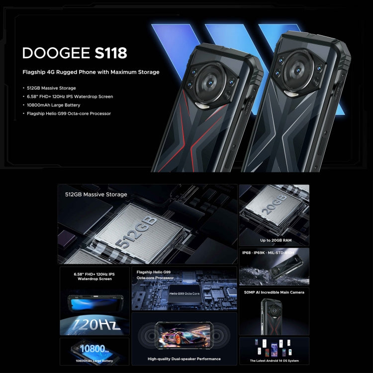 DOOGEE S118 Rugged Phone, 8GB+512GB, 6.58 inch Android 14 MediaTek Helio G99 Octa Core, Network: 4G, OTG, NFC(Black Silver) - DOOGEE by DOOGEE | Online Shopping South Africa | PMC Jewellery | Buy Now Pay Later Mobicred