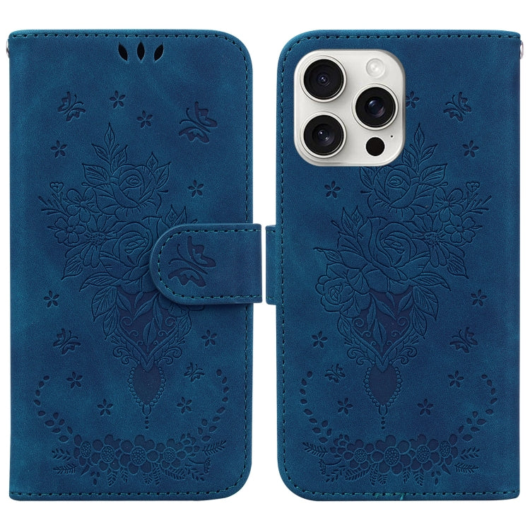For iPhone 16 Pro Butterfly Rose Embossed Leather Phone Case(Blue) - iPhone 16 Pro Cases by PMC TechLife | Online Shopping South Africa | PMC TechLife | Buy Now Pay Later Mobicred