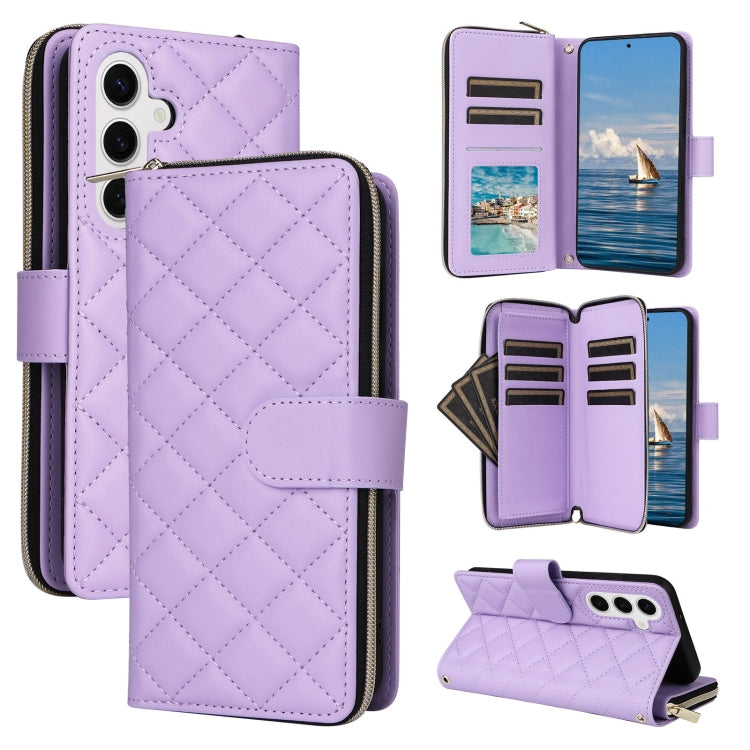 For Samsung Galaxy S25 5G Crossbody Rhombic Zipper Tower Buckle Leather Phone Case with Lanyard(Purple) - Galaxy S25 5G Cases by PMC Jewellery | Online Shopping South Africa | PMC Jewellery | Buy Now Pay Later Mobicred