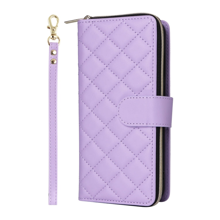 For Samsung Galaxy S25 5G Crossbody Rhombic Zipper Tower Buckle Leather Phone Case with Lanyard(Purple) - Galaxy S25 5G Cases by PMC Jewellery | Online Shopping South Africa | PMC Jewellery | Buy Now Pay Later Mobicred