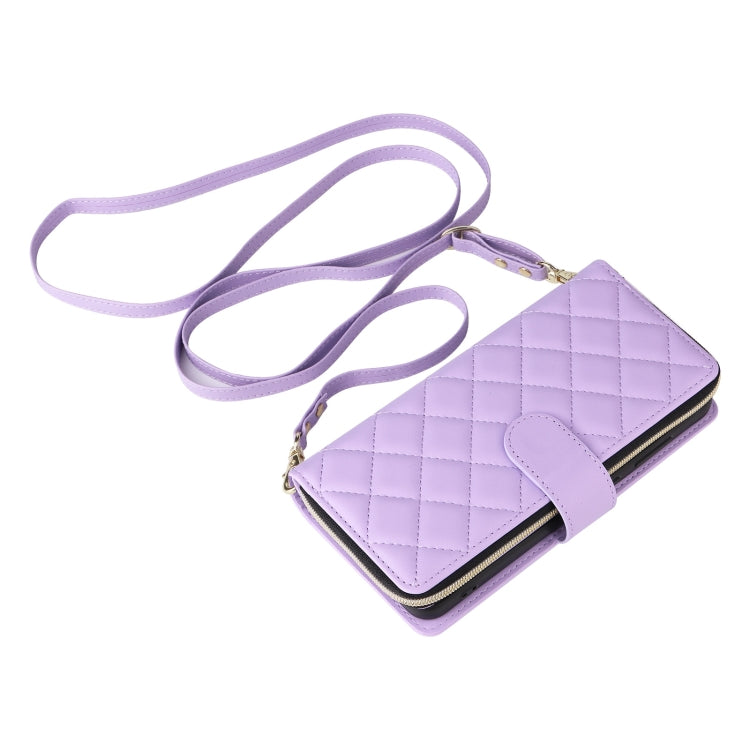 For Samsung Galaxy S25 5G Crossbody Rhombic Zipper Tower Buckle Leather Phone Case with Lanyard(Purple) - Galaxy S25 5G Cases by PMC Jewellery | Online Shopping South Africa | PMC Jewellery | Buy Now Pay Later Mobicred