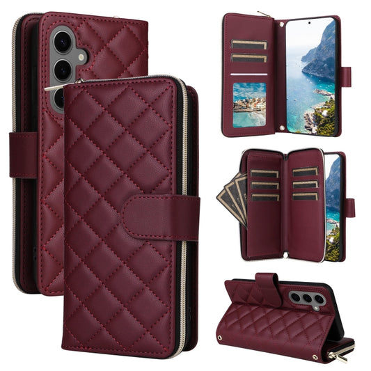 For Samsung Galaxy S25+ 5G Crossbody Rhombic Zipper Tower Buckle Leather Phone Case with Lanyard(Wine Red) - Galaxy S25+ 5G Cases by PMC Jewellery | Online Shopping South Africa | PMC Jewellery | Buy Now Pay Later Mobicred