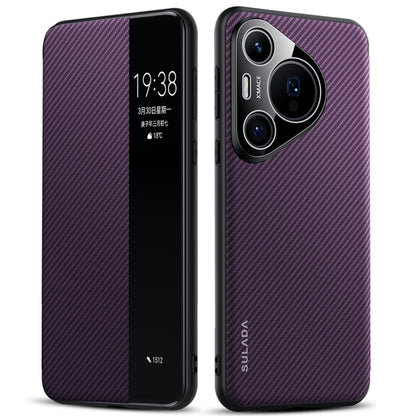 For Huawei Pura 70 SULADA Kevlar 600D Texture Smart Window Leather Phone Case(Purple) - Huawei Cases by SULADA | Online Shopping South Africa | PMC Jewellery | Buy Now Pay Later Mobicred