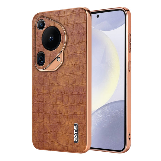 For Huawei Pura 70 Ultra AZNS Electroplated Frame Crocodile Texture Full Coverage Phone Case(Brown) - Huawei Cases by AZNS | Online Shopping South Africa | PMC Jewellery | Buy Now Pay Later Mobicred