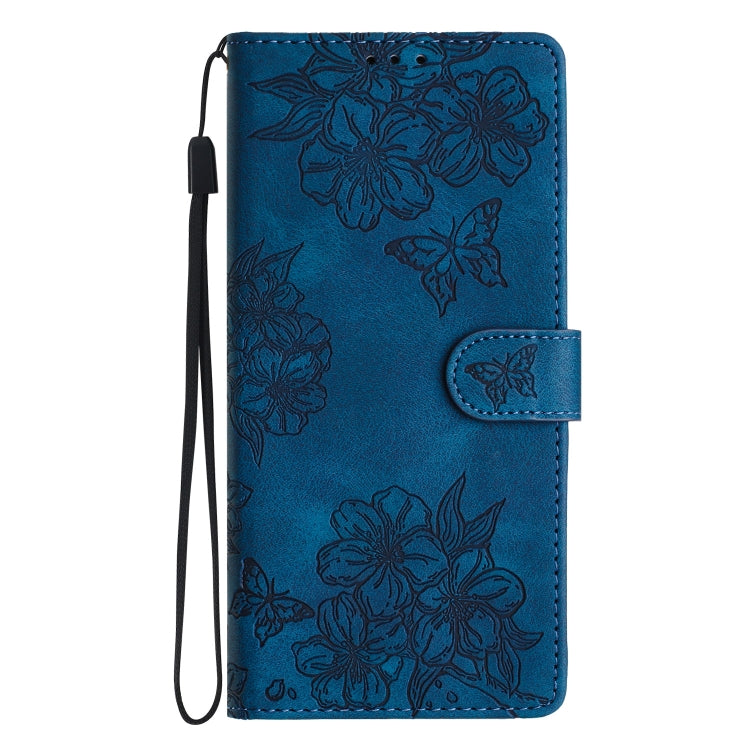 For iPhone 16 Cherry Blossom Butterfly Skin Feel Embossed PU Phone Case(Blue) - iPhone 16 Cases by PMC TechLife | Online Shopping South Africa | PMC TechLife | Buy Now Pay Later Mobicred