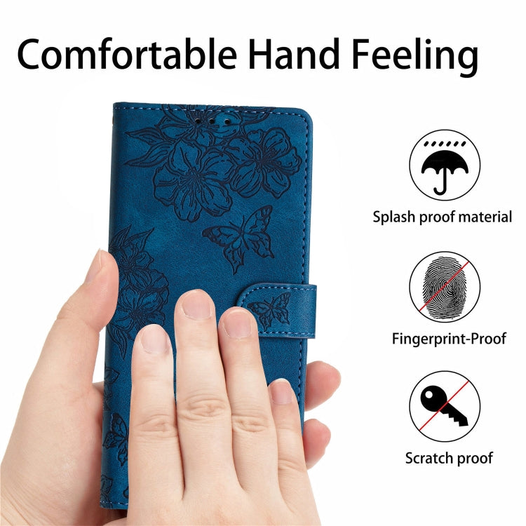 For iPhone 16 Cherry Blossom Butterfly Skin Feel Embossed PU Phone Case(Blue) - iPhone 16 Cases by PMC TechLife | Online Shopping South Africa | PMC TechLife | Buy Now Pay Later Mobicred