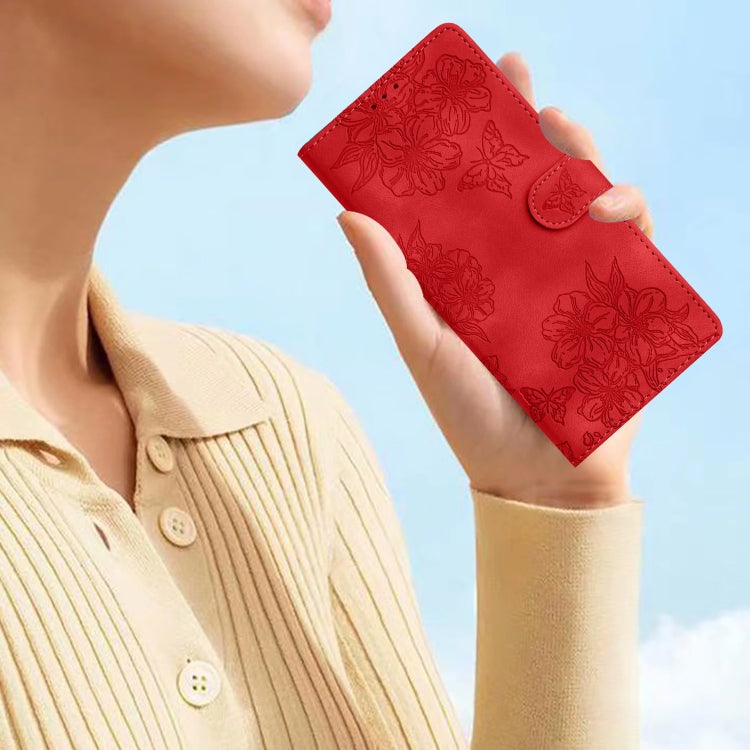 For iPhone 16 Plus Cherry Blossom Butterfly Skin Feel Embossed PU Phone Case(Red) - free shipping - PMC TechLife - Order now!