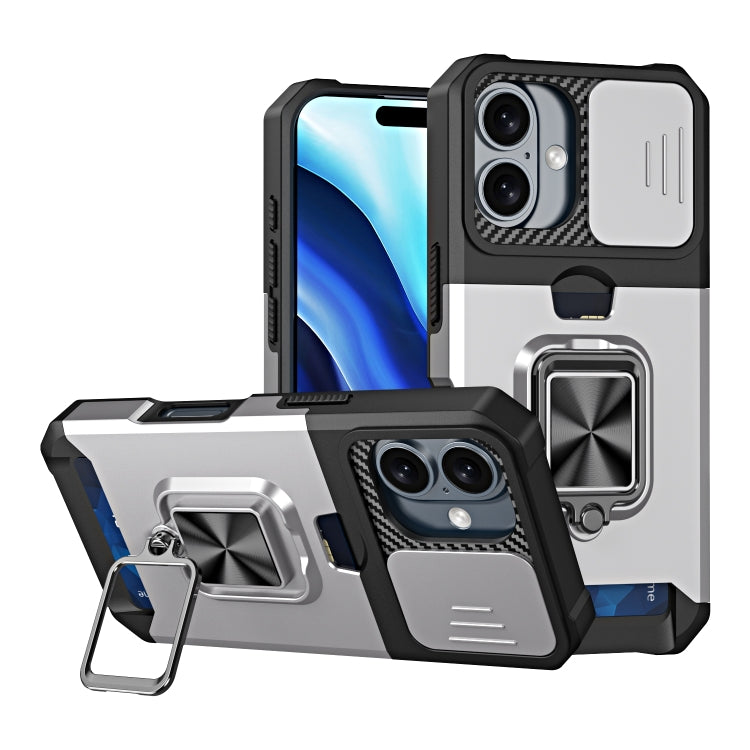For iPhone 16 Camera Shield Card Slot PC+TPU Phone Case(Silver) - iPhone 16 Cases by PMC TechLife | Online Shopping South Africa | PMC TechLife | Buy Now Pay Later Mobicred