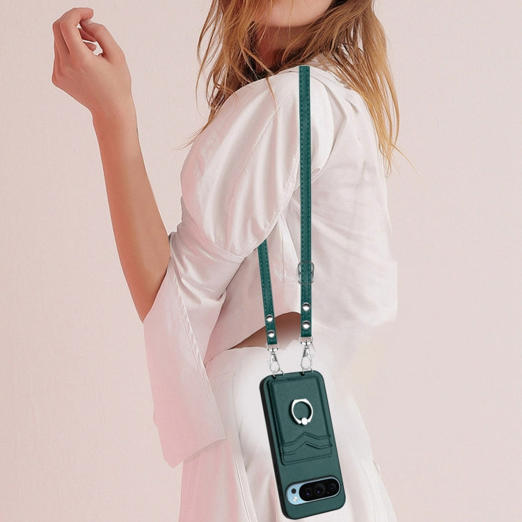 For Google Pixel 9 / 9 Pro R20 Crossbody Rope Ring Card Holder Phone Case(Green) - Google Cases by PMC TechLife | Online Shopping South Africa | PMC TechLife | Buy Now Pay Later Mobicred