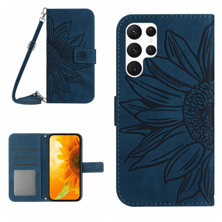 For Samsung Galaxy S25 Ultra 5G Skin Feel Sun Flower Embossed Flip Leather Phone Case with Lanyard(Inky Blue) - Galaxy S25 Ultra 5G Cases by PMC Jewellery | Online Shopping South Africa | PMC Jewellery | Buy Now Pay Later Mobicred