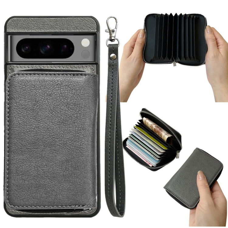 For Google Pixel 9 Pro XL Solid Color Zipper 11-Card Slots Bag Phone Case with Lanyard(Grey) - Google Cases by PMC TechLife | Online Shopping South Africa | PMC TechLife | Buy Now Pay Later Mobicred