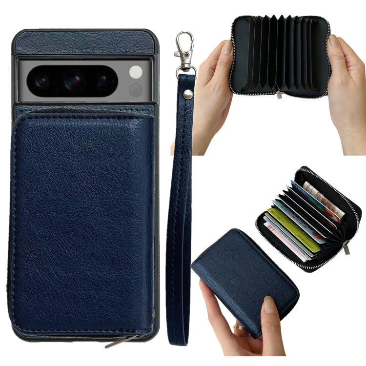 For Google Pixel 9 / 9 Pro Solid Color Zipper 11-Card Slots Bag Phone Case with Lanyard(Blue) - Google Cases by PMC TechLife | Online Shopping South Africa | PMC TechLife | Buy Now Pay Later Mobicred
