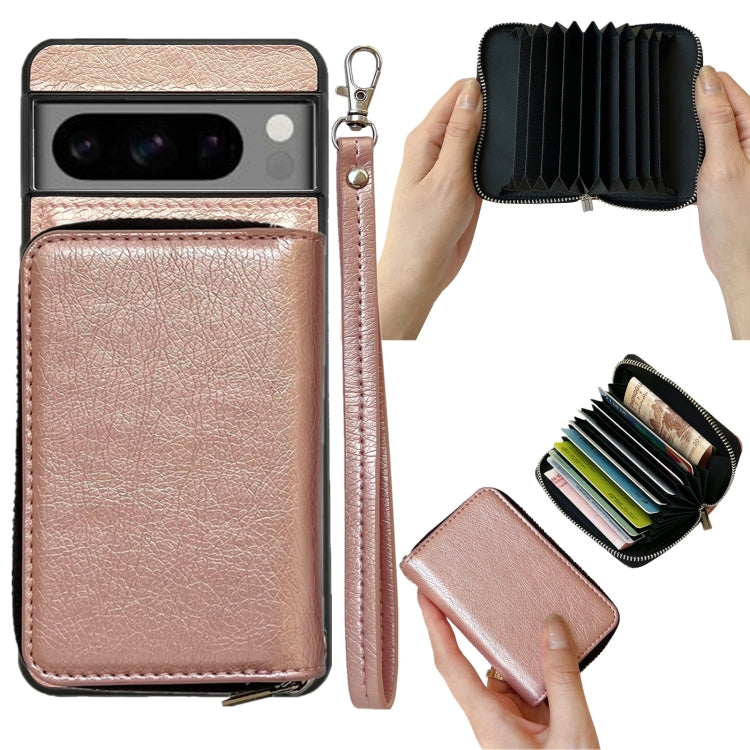 For Google Pixel 8 Solid Color Zipper 11-Card Slots Bag Phone Case with Lanyard(Rose Gold) - Google Cases by PMC TechLife | Online Shopping South Africa | PMC TechLife | Buy Now Pay Later Mobicred