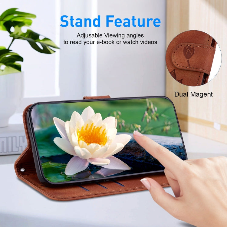For iPhone 16e Lotus Embossed Leather Phone Case(Brown) - iPhone 16e Cases by PMC TechLife | Online Shopping South Africa | PMC TechLife | Buy Now Pay Later Mobicred