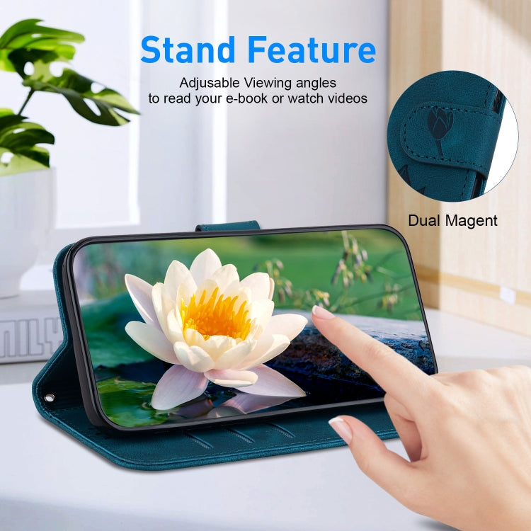 For iPhone 16e Lotus Embossed Leather Phone Case(Dark Blue) - iPhone 16e Cases by PMC TechLife | Online Shopping South Africa | PMC TechLife | Buy Now Pay Later Mobicred
