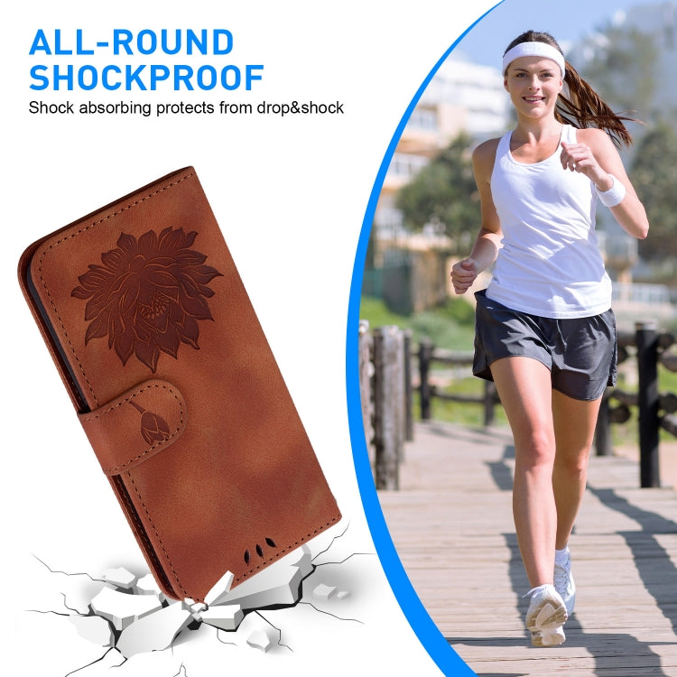For iPhone 16 Pro Max Lotus Embossed Leather Phone Case(Brown) - iPhone 16 Pro Max Cases by PMC TechLife | Online Shopping South Africa | PMC TechLife | Buy Now Pay Later Mobicred