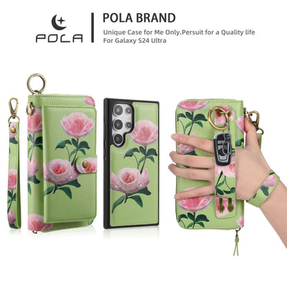 For Samsung Galaxy S24+ 5G POLA Flower Multi-functional Zipper Wallet Leather Phone Case(Green) - Galaxy S24+ 5G Cases by PMC Jewellery | Online Shopping South Africa | PMC Jewellery | Buy Now Pay Later Mobicred