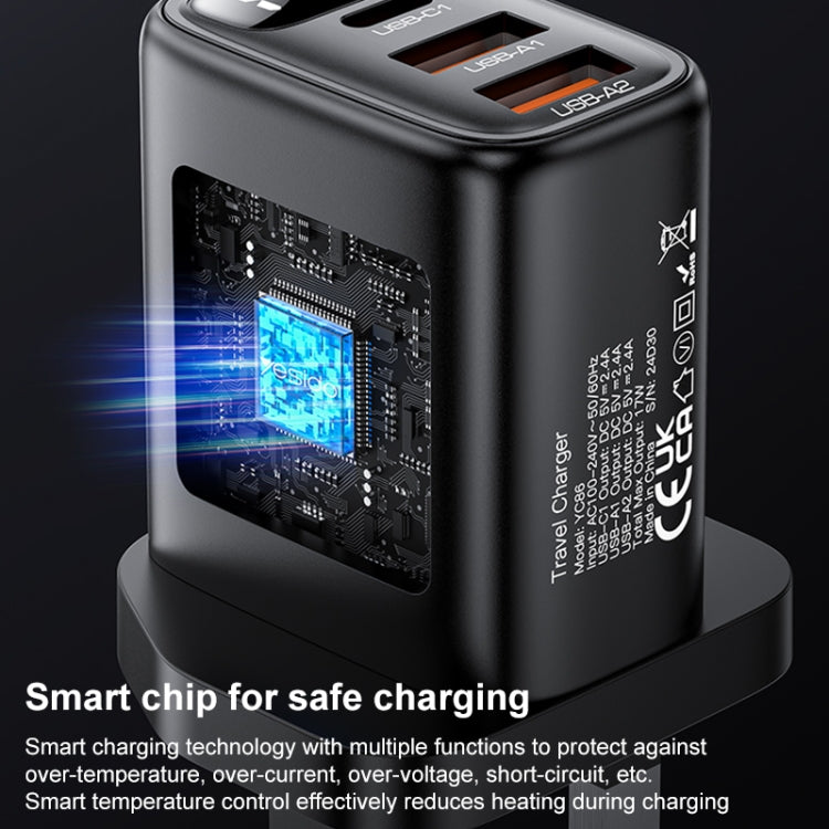 Yesido YC86 17W USB-C / Type-C + Dual USB Digital Display Charger, Specification:UK Plug(Black) - USB Charger by Yesido | Online Shopping South Africa | PMC TechLife | Buy Now Pay Later Mobicred