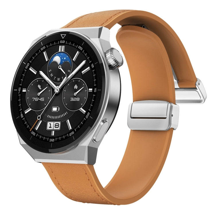 22mm Magnetic Silver Buckle Silicone Leather Watch Band(Light Brown) - free shipping - PMC TechLife - Order now!
