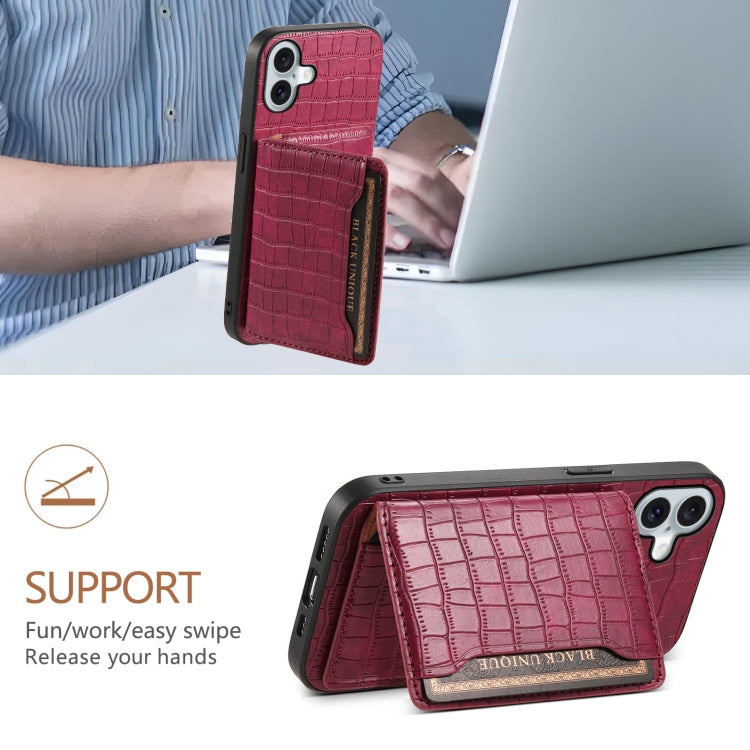 For iPhone 16 Crocodile Texture Card Bag Design Full Coverage Phone Case(Red) - iPhone 16 Cases by PMC TechLife | Online Shopping South Africa | PMC TechLife | Buy Now Pay Later Mobicred