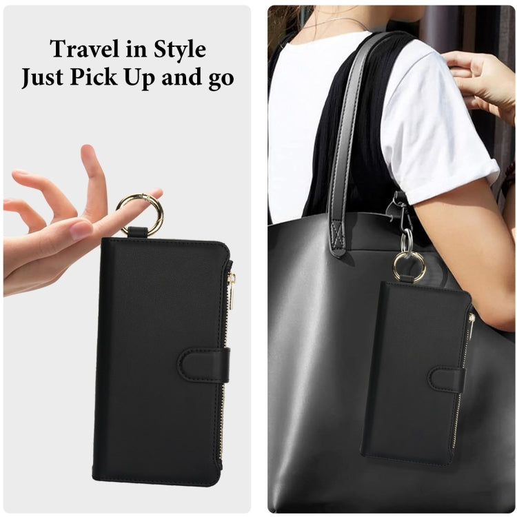 For iPhone 16 Plus Crossbody Ring Multifunctional Wallet Leather Phone Case(Black) - free shipping - PMC Jewellery - Order now!