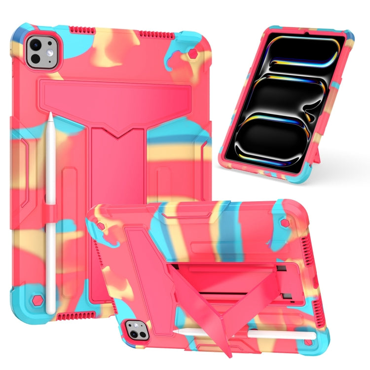 For iPad Pro 11 2024 T Holder Robot Silicone Hybrid PC Tablet Case(Camouflage Rose Red) - iPad Pro 11 2024 Cases by PMC TechLife | Online Shopping South Africa | PMC TechLife | Buy Now Pay Later Mobicred