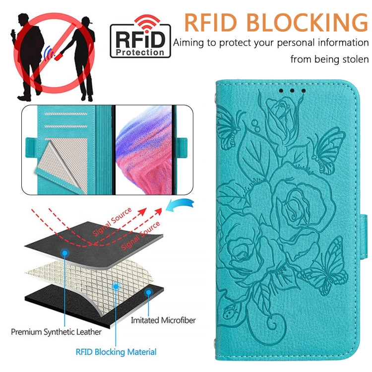 For iPhone 16 Embossed Rose RFID Anti-theft Leather Phone Case(Light Blue) - iPhone 16 Cases by PMC Jewellery | Online Shopping South Africa | PMC Jewellery | Buy Now Pay Later Mobicred