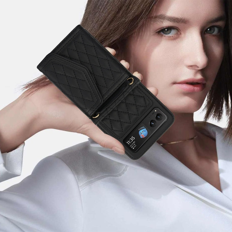 For Motorola Razr 40 Splicing Rhombic Texture Phone Case with Long & Short Lanyard(Black) - Motorola Cases by PMC TechLife | Online Shopping South Africa | PMC TechLife | Buy Now Pay Later Mobicred