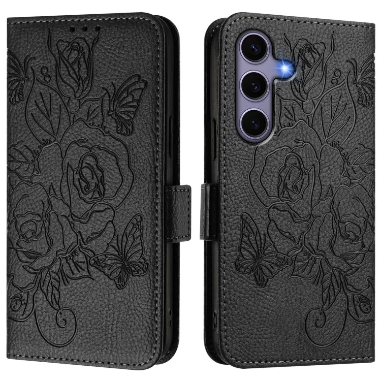 For Samsung Galaxy S25 5G Embossed Rose RFID Anti-theft Leather Phone Case(Black) - Galaxy S25 5G Cases by PMC Jewellery | Online Shopping South Africa | PMC Jewellery | Buy Now Pay Later Mobicred