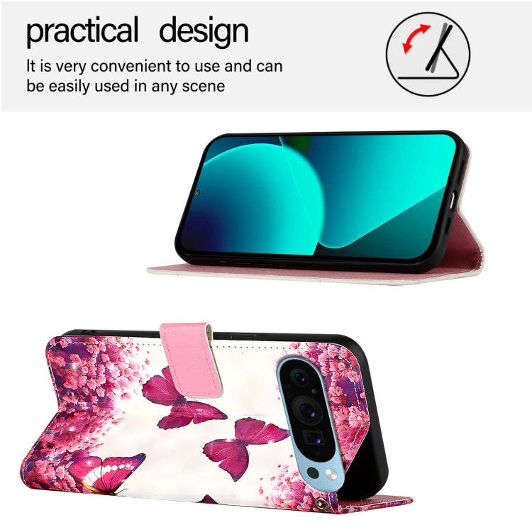 For Google Pixel 9 3D Painting Horizontal Flip Leather Phone Case(Rose Butterfly) - Google Cases by PMC TechLife | Online Shopping South Africa | PMC TechLife | Buy Now Pay Later Mobicred