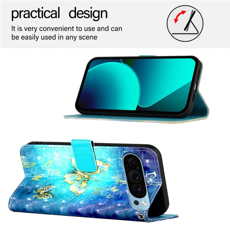 For Google Pixel 9 Pro XL 3D Painting Horizontal Flip Leather Phone Case(Golden Butterfly) - Google Cases by PMC TechLife | Online Shopping South Africa | PMC TechLife | Buy Now Pay Later Mobicred
