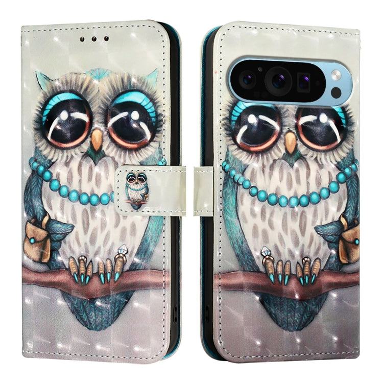For Google Pixel 9 Pro XL 3D Painting Horizontal Flip Leather Phone Case(Grey Owl) - Google Cases by PMC TechLife | Online Shopping South Africa | PMC TechLife | Buy Now Pay Later Mobicred