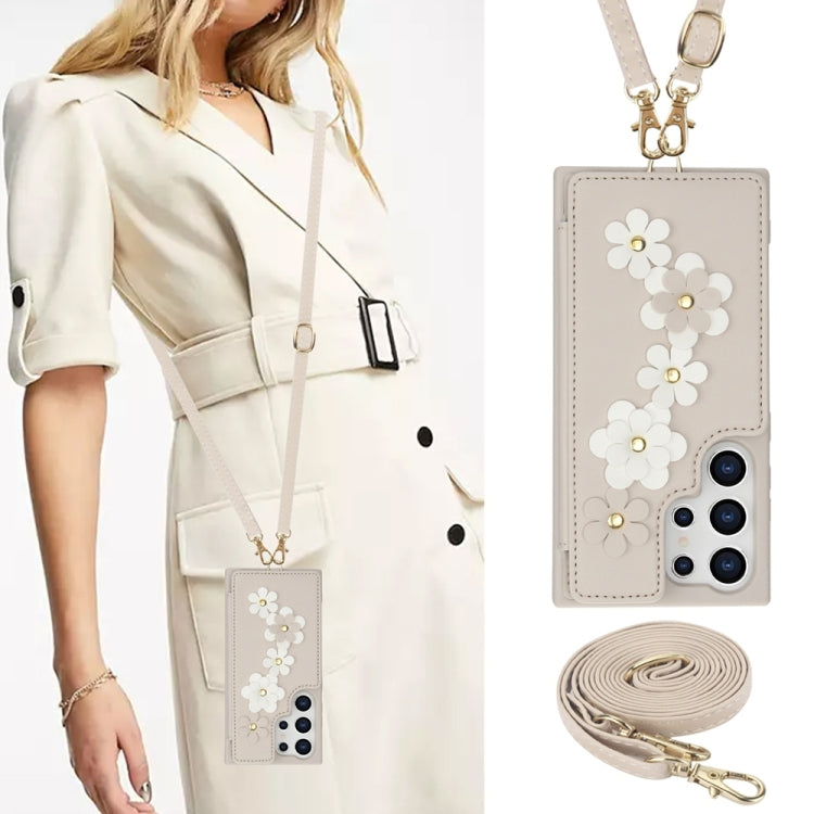 For Samsung Galaxy S25 Ultra 5G Crossbody Flower Pattern Leather Phone Case(White) - Galaxy S25 Ultra 5G Cases by PMC Jewellery | Online Shopping South Africa | PMC Jewellery | Buy Now Pay Later Mobicred