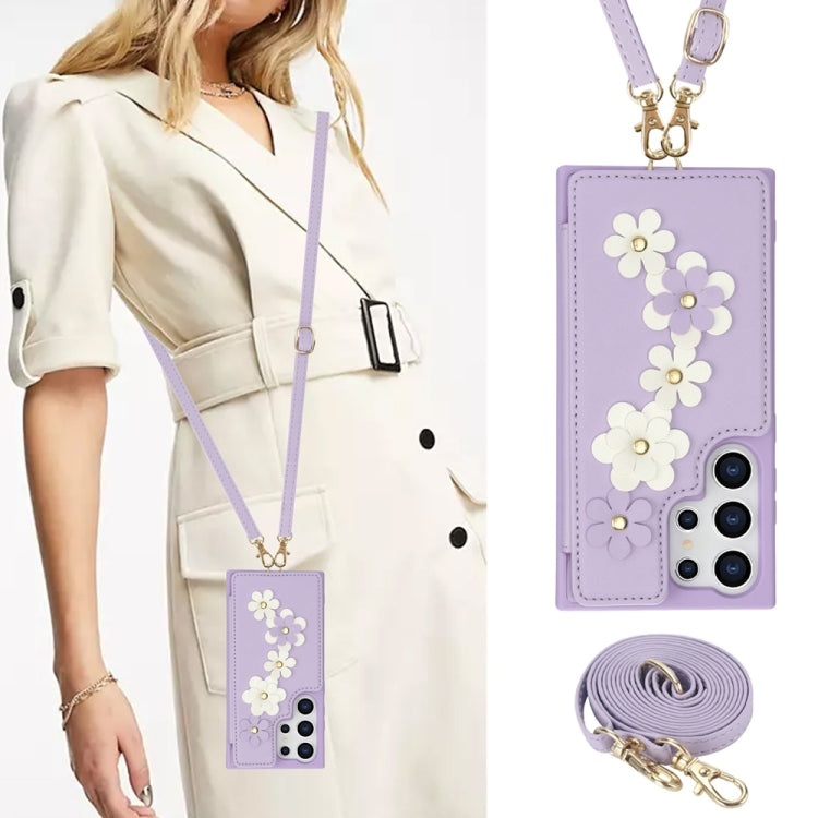 For Samsung Galaxy S25 Ultra 5G Crossbody Flower Pattern Leather Phone Case(Purple) - Galaxy S25 Ultra 5G Cases by PMC Jewellery | Online Shopping South Africa | PMC Jewellery | Buy Now Pay Later Mobicred