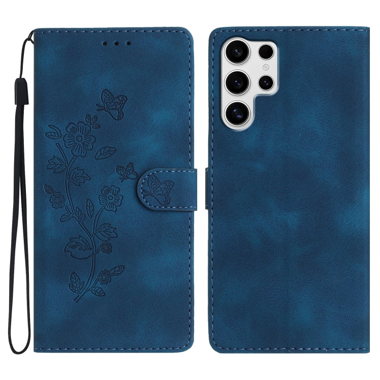 For Samsung Galaxy S25 Ultra 5G Flower Butterfly Embossing Pattern Leather Phone Case(Blue) - Galaxy S25 Ultra 5G Cases by PMC Jewellery | Online Shopping South Africa | PMC Jewellery | Buy Now Pay Later Mobicred