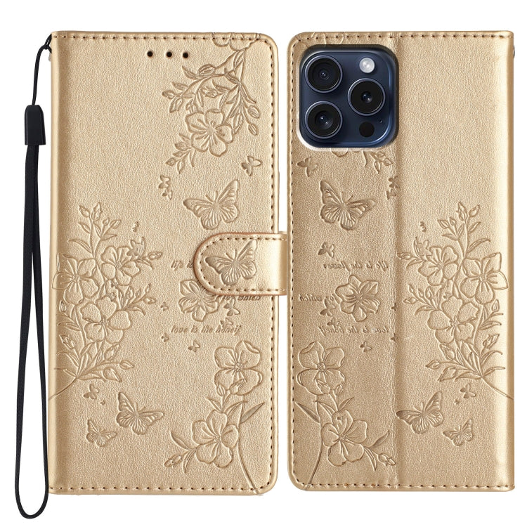 For iPhone 16 Pro Max Butterflies and Flowers Leather Phone Case(Gold) - iPhone 16 Pro Max Cases by PMC TechLife | Online Shopping South Africa | PMC TechLife | Buy Now Pay Later Mobicred